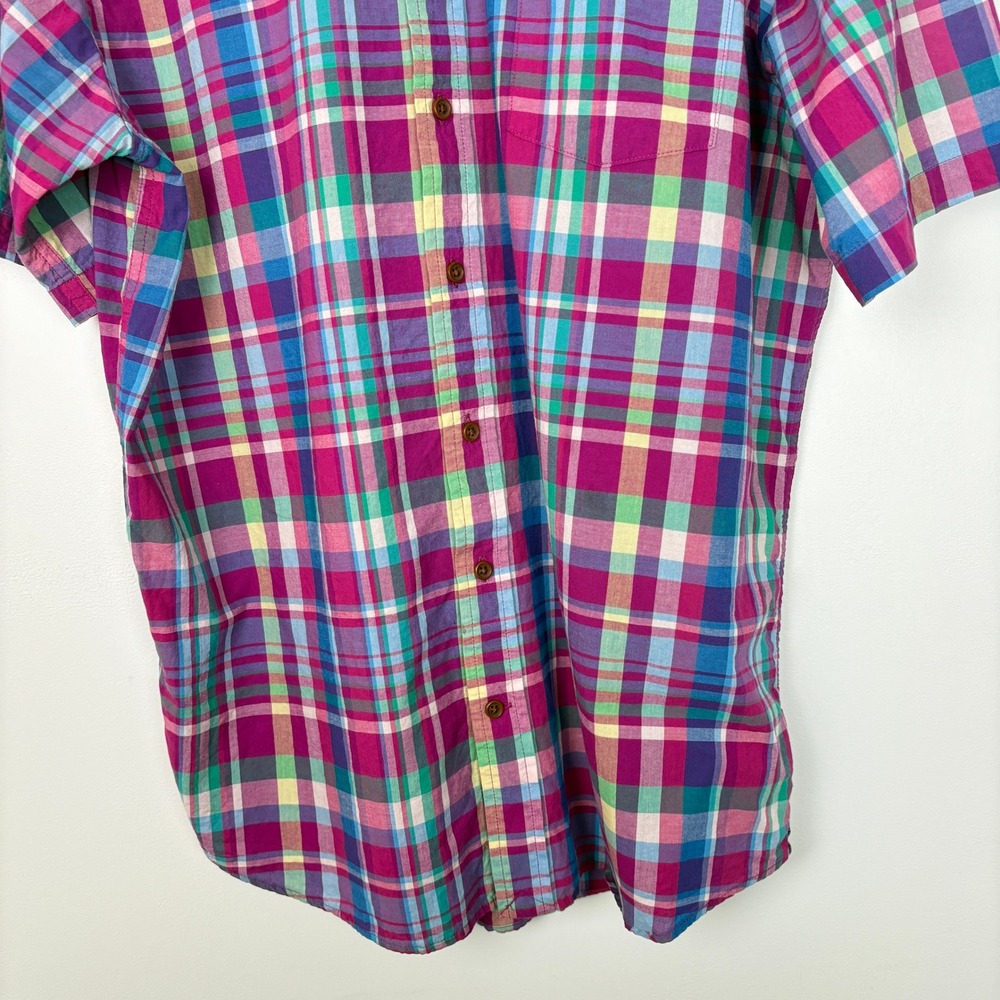 Lands End Mens Traditional Fit Plaid Madras Button Down Short Sleeve Shirt Large - Picture 6 of 12